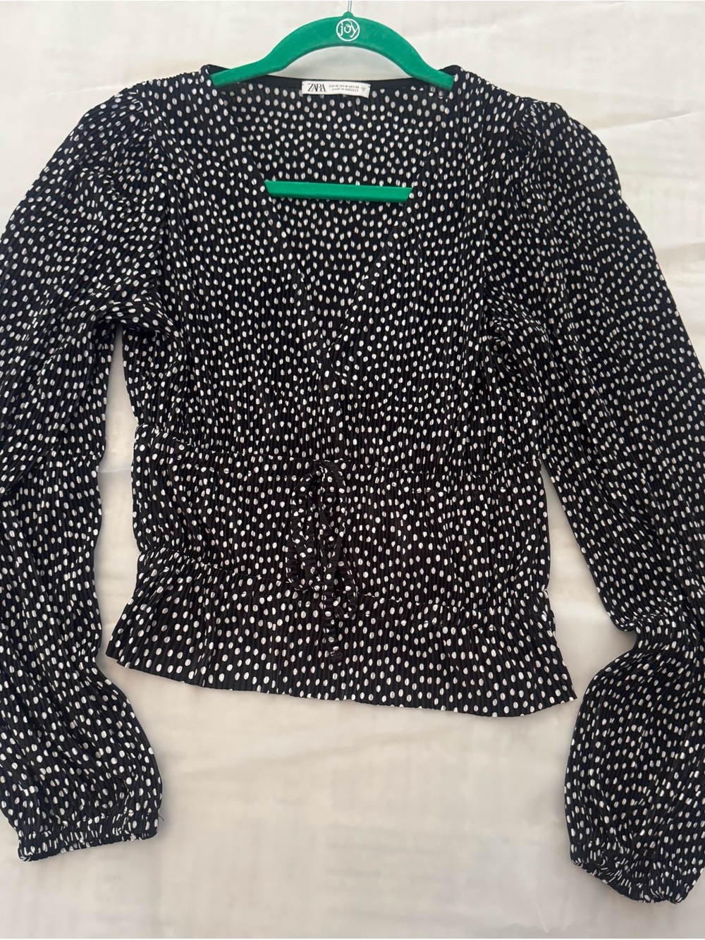 Zara Black Blouse with White Dot Print and Smocked Waist